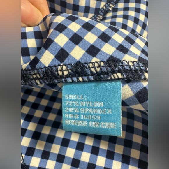 J.McLaughlin Navy White Neoprene Zip-down Jacket Size Large Gingham Interior - Picture 3 of 7